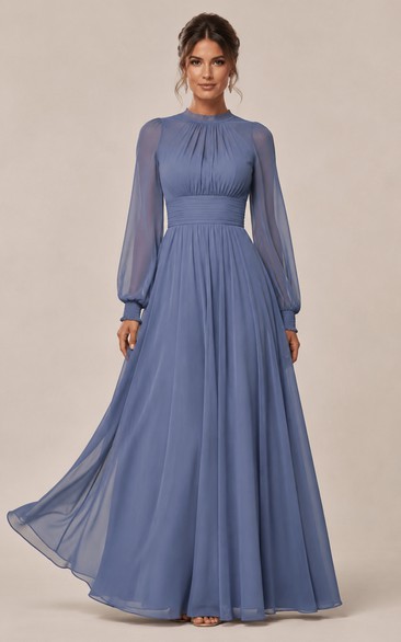 A-Line High Neck Long Sleeve Chiffon Bridesmaid Dress with Pleats