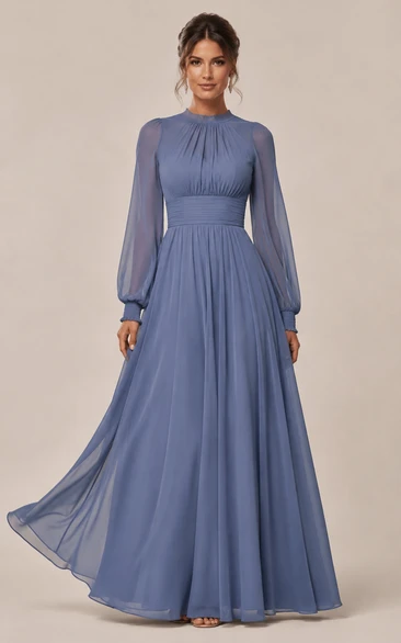 A-Line High Neck Long Sleeve Chiffon Bridesmaid Dress with Pleats