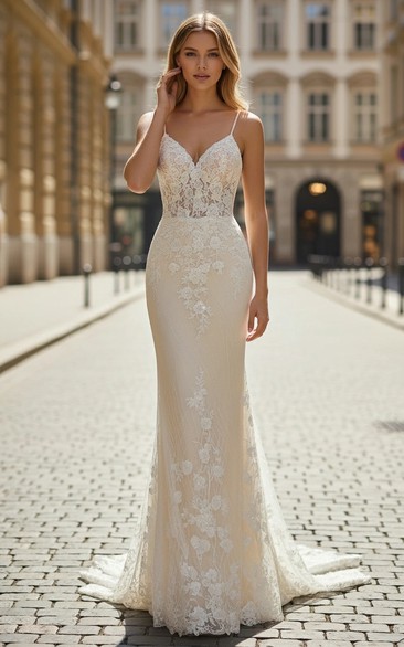 Strappy V-Neck Mermaid Wedding Dress with Lace