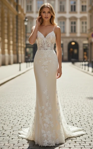 Strappy V-Neck Mermaid Wedding Dress with Lace