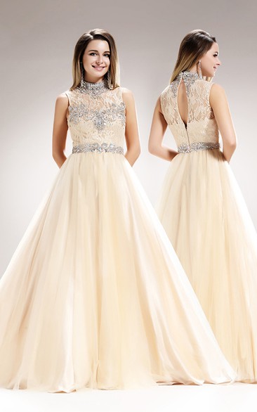 A-Line High Neck Sleeveless Tulle Lace Illusion Dress With Beading