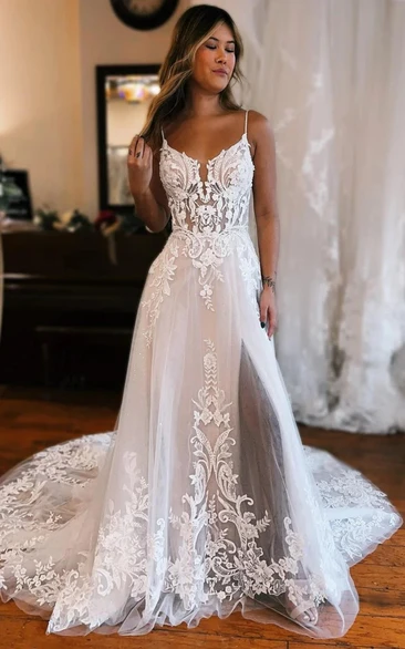White Strapless Wedding Dress with Slit