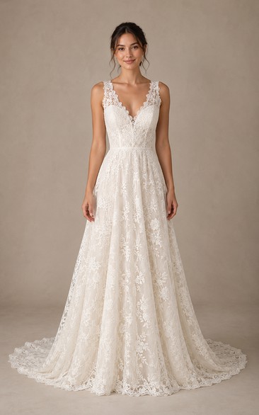 Wide Strap Lace A-Line Wedding Dress with V-Neck Bodice and Chapel Train