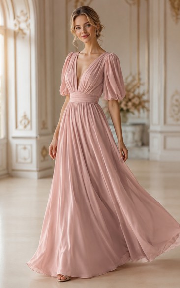 Vestido de dama de honor de gasa plisada de manga larga con escote pronunciado y falda abullonada, color rosa empolvado.