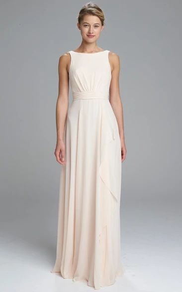 Sheath Floor-Length Draped Bateau Neck Sleeveless Chiffon Bridesmaid Dress