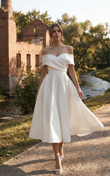 Off-the-Shoulder Satin Tea-Length Wedding Dress