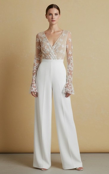 V-Neck Embroidered Sheer Long Sleeve Top High Waist Wedding Jumpsuit
