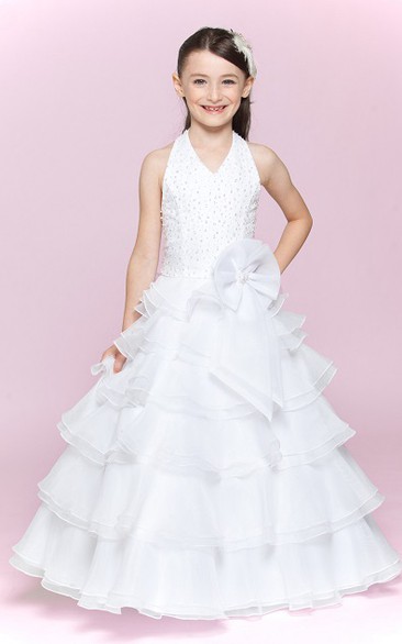 Flower Girl Halter A-line Layered Organza Long Dress With Waist Flower
