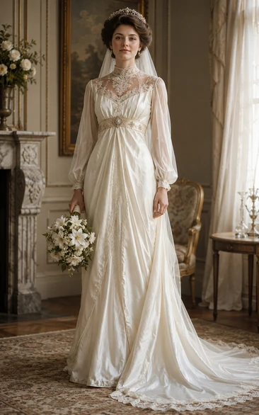 Vintage Empire Long Sleeve Satin Lace Wedding Dress