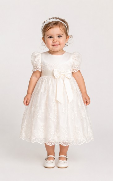 Baby Christening Gown Modest A-Line Puff Sleeve Tulle Lace Tea-Length with Bow Sash in Ivory
