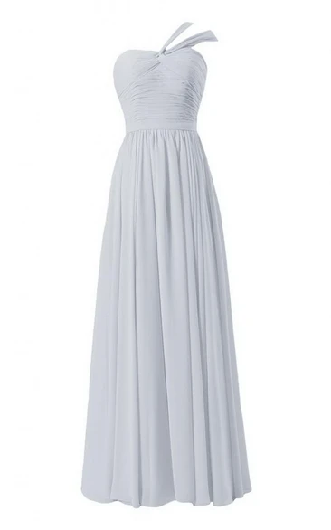 One-shoulder Long Chiffon Gown With Ruched Bodice