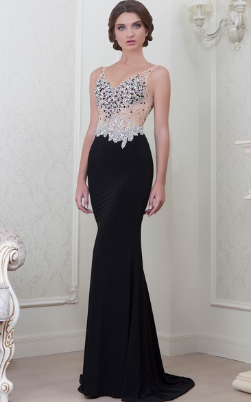 Sheath Crystal Sleeveless V-Neck Long Jersey Evening Dress