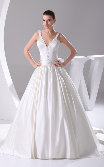 Plunged Pleated Corset Back and Ball-Gown With Beading