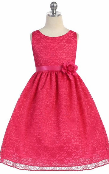 Tea-Length Floral Tiered Lace Flower Girl Dress