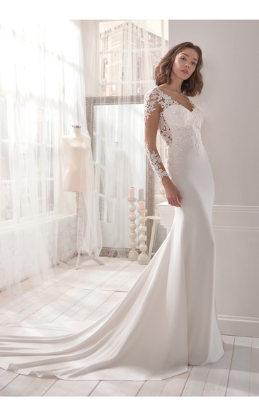 Charming V-neck Sheath Long Sleeve Wedding Dress With Illusion Back