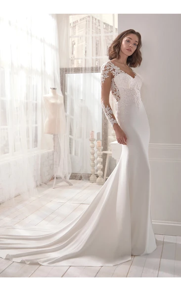 Charming V-neck Sheath Long Sleeve Wedding Dress With Illusion Back