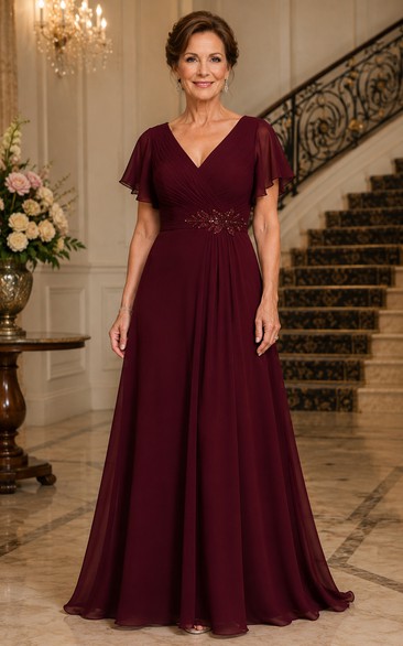 Burgundy V-neck Flutter Sleeve Chiffon Mother Dress