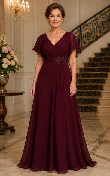 Burgundy V-neck Flutter Sleeve Chiffon Mother Dress
