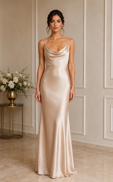 Champagne Satin Cowl Sheath Bridesmaid Dress
