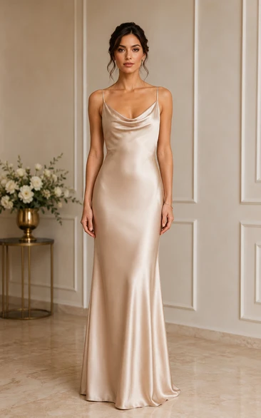 Champagne Satin Cowl Sheath Bridesmaid Dress