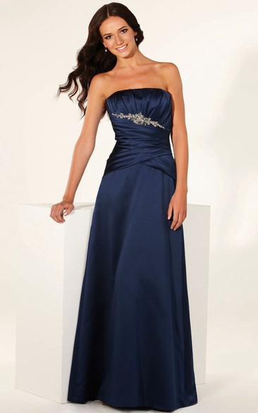 A-Line Floor-Length Jeweled Strapless Sleeveless Satin Bridesmaid Dress With Ruching