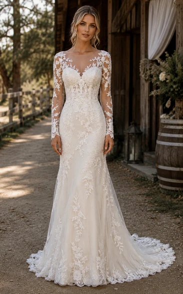 Long Sleeve Mermaid Lace Country Wedding Dress with Illusion Yoke and Train