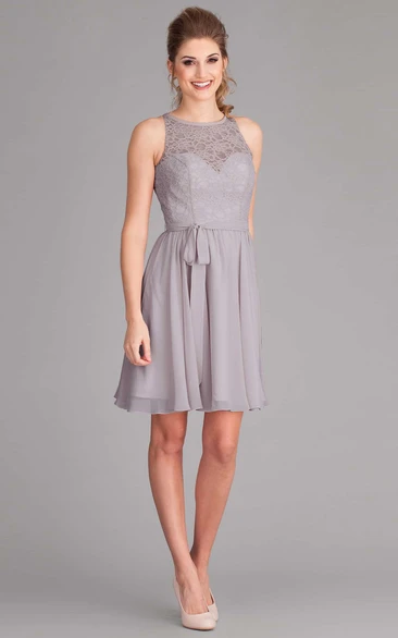 Short Jewel Neck Lace Sleeveless Chiffon Bridesmaid Dress With Bow