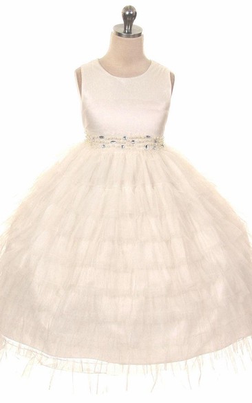 Tea-Length Beaded Tulle&Organza Flower Girl Dress With Ruffles