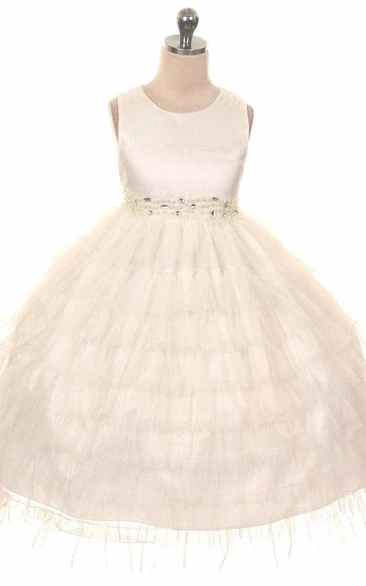 Tea-Length Beaded Tulle&Organza Flower Girl Dress With Ruffles