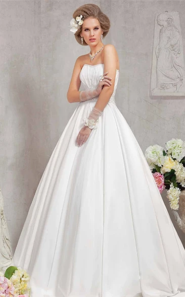 A-Line Maxi Strapless Sleeveless Lace-Up Satin Dress With Ruching And Beading