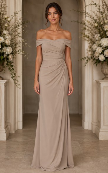 Taupe Off-the-Shoulder Sheath Bridesmaid Dress