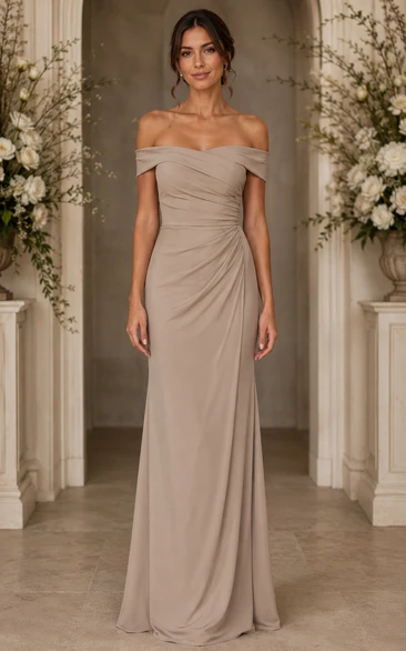 Taupe Off-the-Shoulder Sheath Bridesmaid Dress