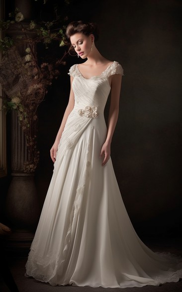 V-neck Cap Empire Chiffon Ruched Draped Wedding Dress with Tiers