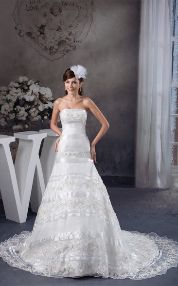Strapless A-Line Court Train and Dress With Lace