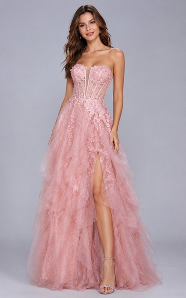 Tulle Prom Dress in Blushing Pink, Strapless, Sweetheart A-Line Floor-Length Gown with Tiers and Appliques