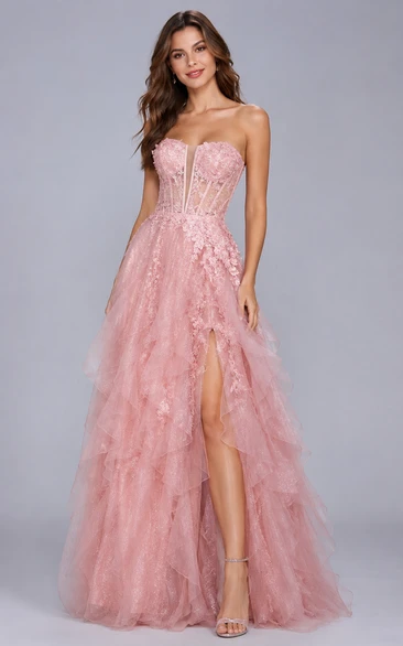 Tulle Prom Dress in Blushing Pink, Strapless, Sweetheart A-Line Floor-Length Gown with Tiers and Appliques