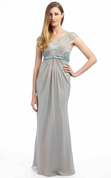 Cap-Sleeve Jeweled Floor-Length V-Neck Chiffon Prom Dress With Lace And Ruching