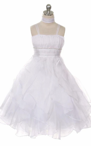 Ankle-Length Cape Pleated Empire Tiered Organza Flower Girl Dress With Sash