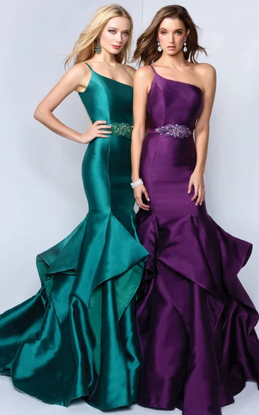 Trumpet One-Shoulder Sleeveless Satin Dress With Draping And Waist Jewellery
