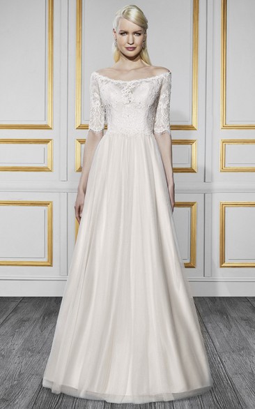 A-Line Off-The-Shoulder Half-Sleeve Tulle&Satin Wedding Dress