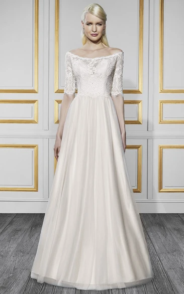 A-Line Off-The-Shoulder Half-Sleeve Tulle&Satin Wedding Dress
