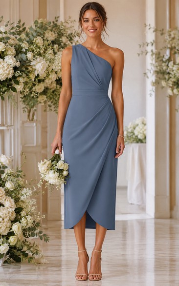 Steel Blue One-Shoulder Knee-Length Sheath Bridesmaid Dress