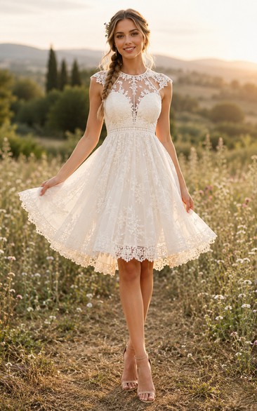 Jewel Neck Short Lace Wedding Dress with Illusion Bodice and A-Line Skirt