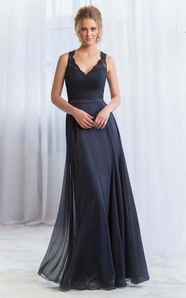 Sleeveless V-Neck Long Bridesmaid Dress With Keyhole Back And Lace Detail
