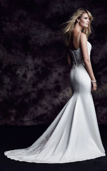 Backless Satin Long Dress With Beading And Lace