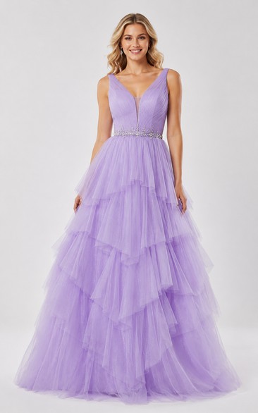 Tulle Prom Dress in Lavender, V-neck A-Line Floor-Length Gown with Tiers and Ruffles