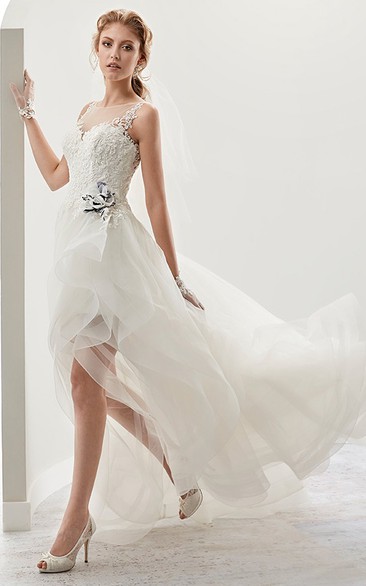 Cap sleeve High-low Short Bridal Dresses Gown with flower Embellishment and Ruffles