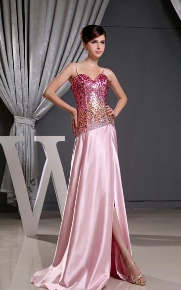 Sleeveless Satin Dress With Sequins and Beaded Bodice