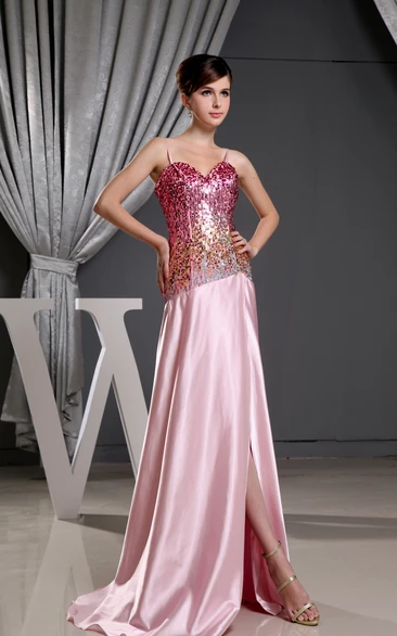 Sleeveless Satin Dress With Sequins and Beaded Bodice