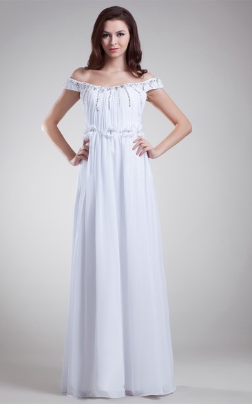 Off-The-Shoulder Pleated Chiffon Beading and Dress With Flower